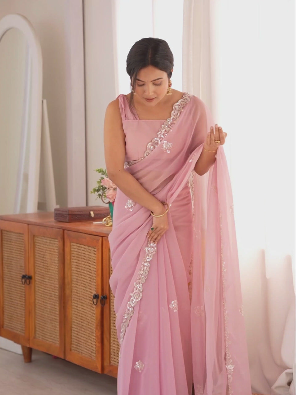 Mahika Pink Embellished Georgette Saree with Embellished Border & Pink Blouse Piece