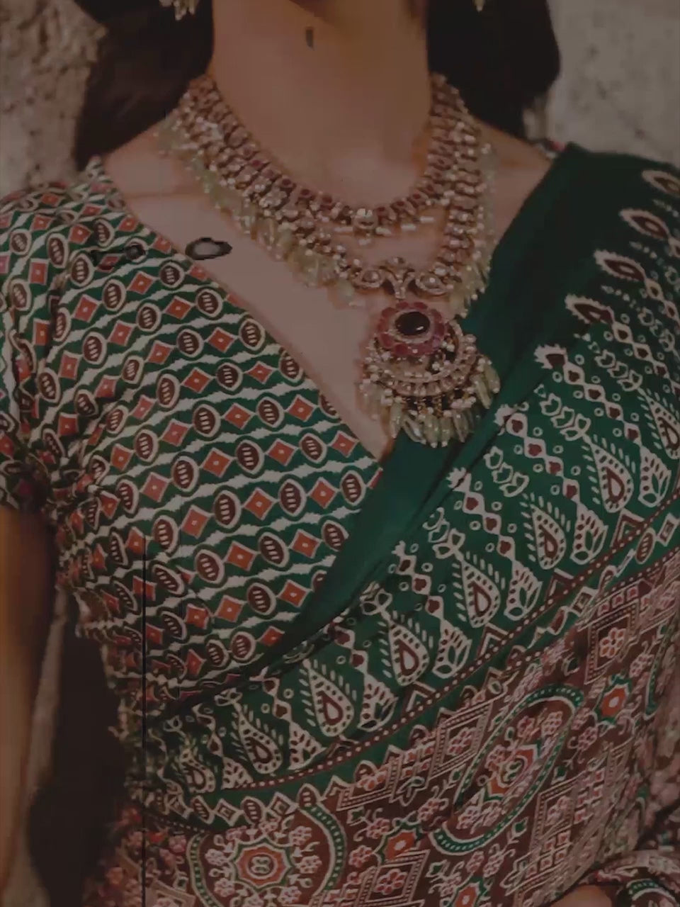 Lalita Green Ajrak Satin Saree with Printed Border & Green Blouse Piece