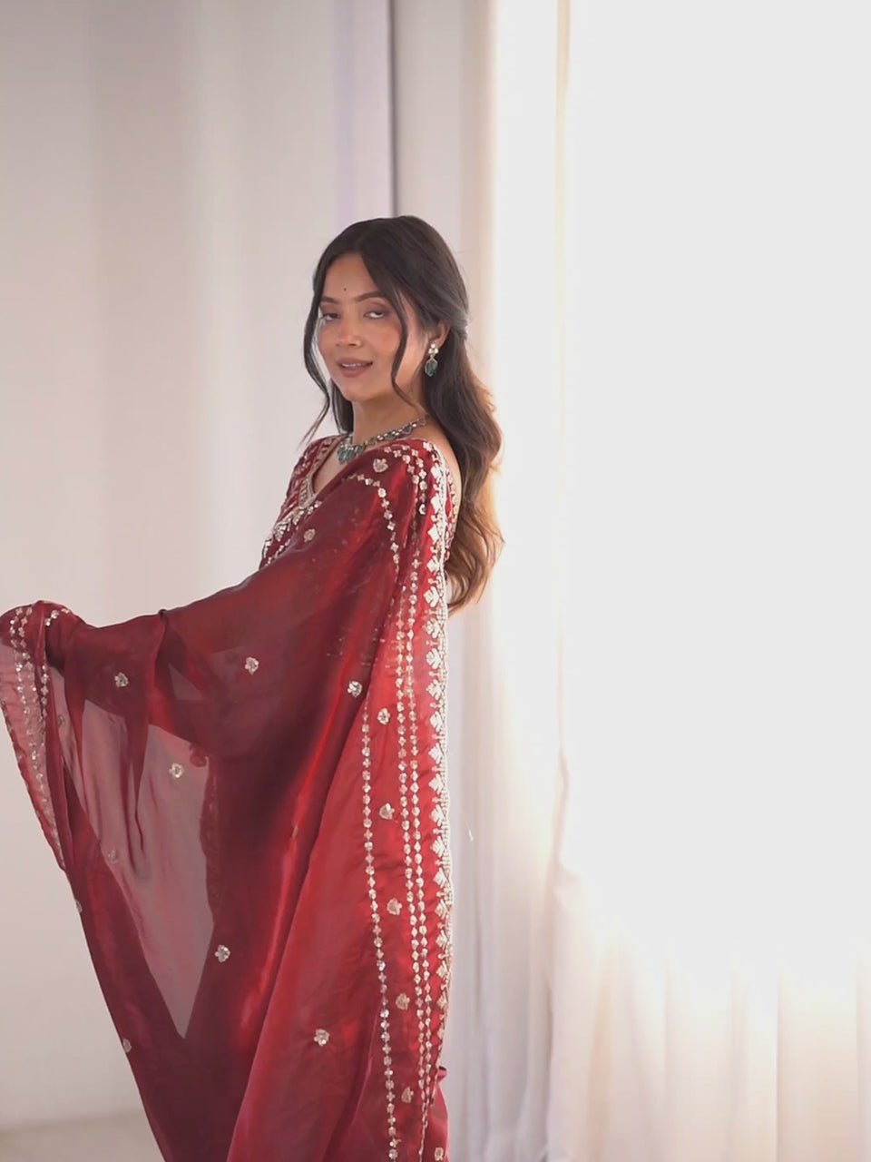 Wine Maroon Satin Emblished Party Wear Saree