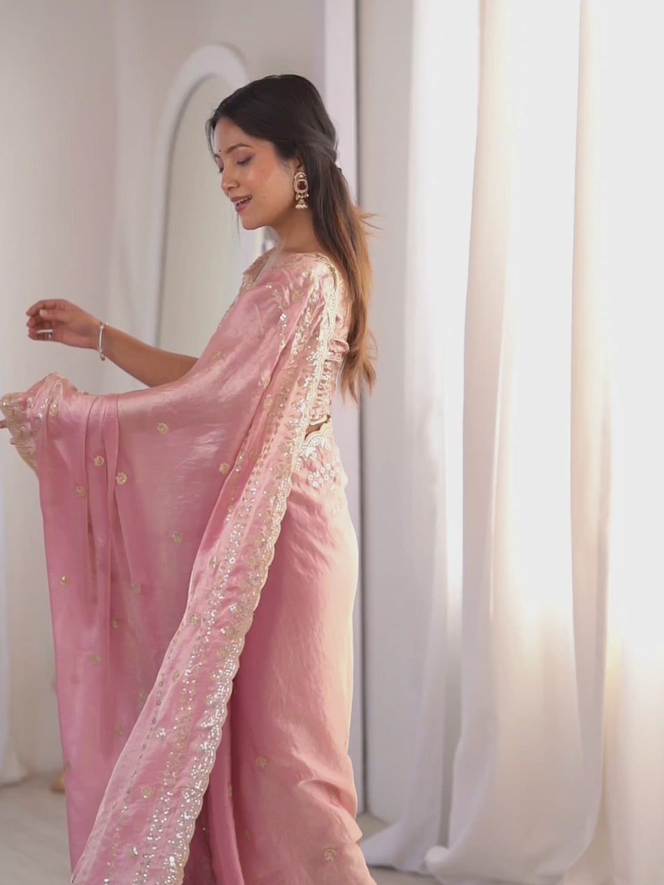 Light Pink Satin Emblished Party Wear Saree