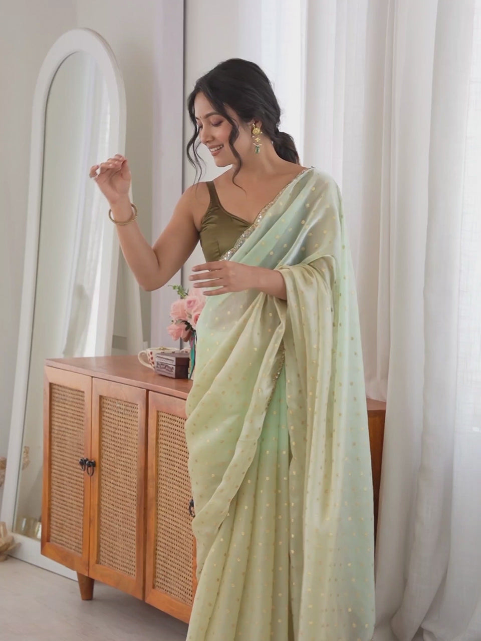 Light Green Satin Emblished Party Wear Saree