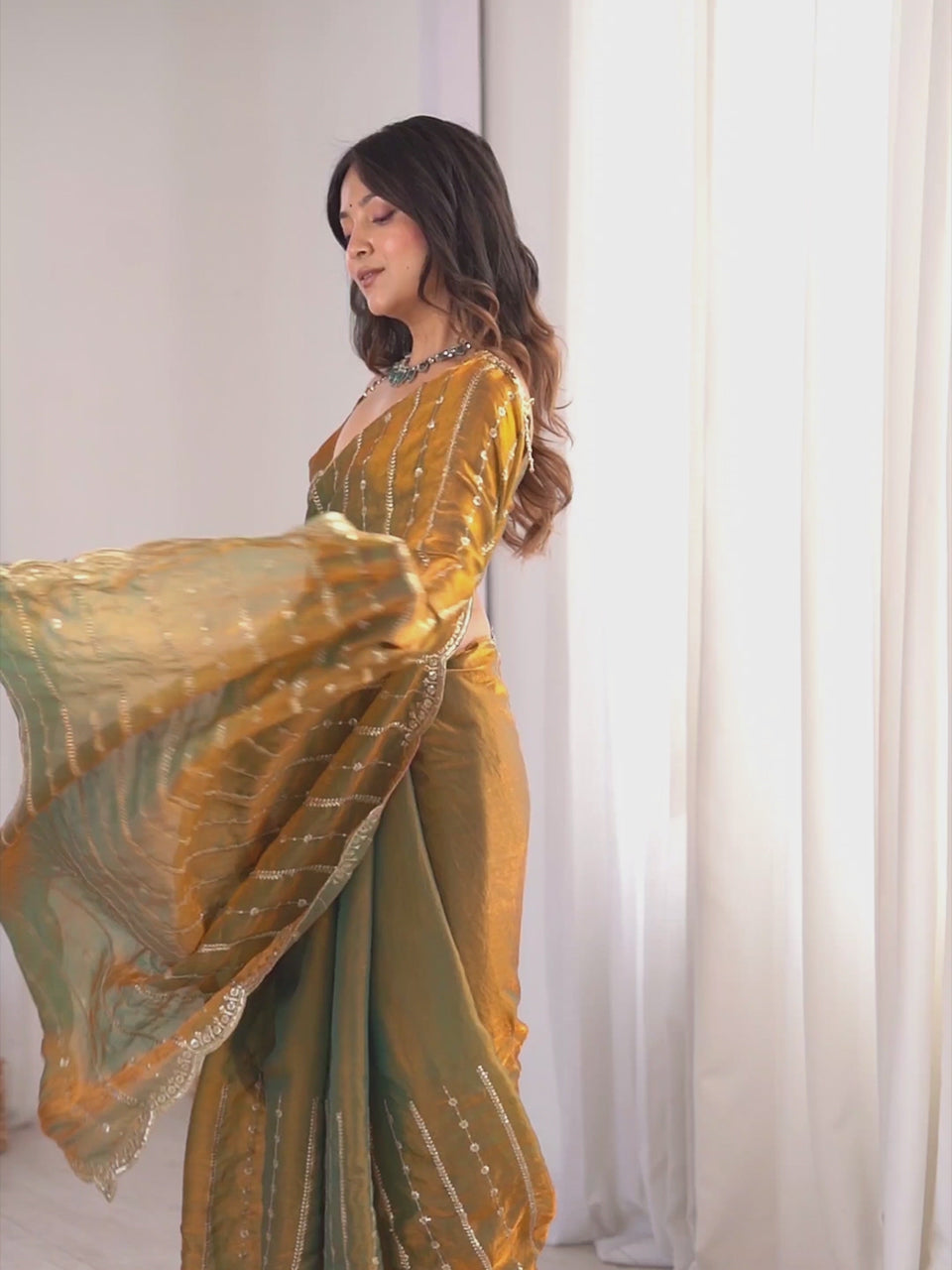 Gold Satin Emblished Party Wear Saree
