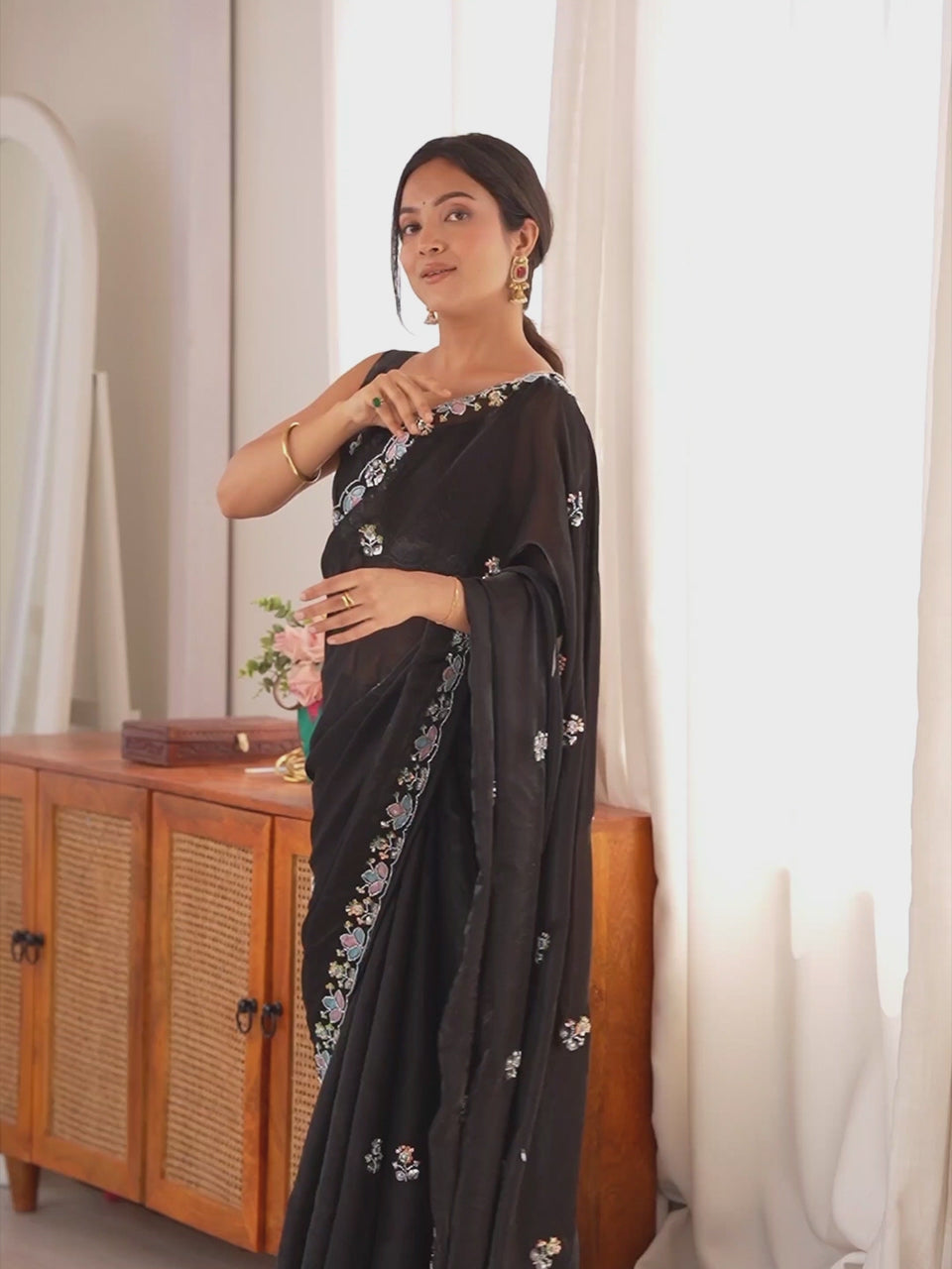 Prabhavati Black Embellished Satin Saree with Scallop Border & Black Blouse Piece