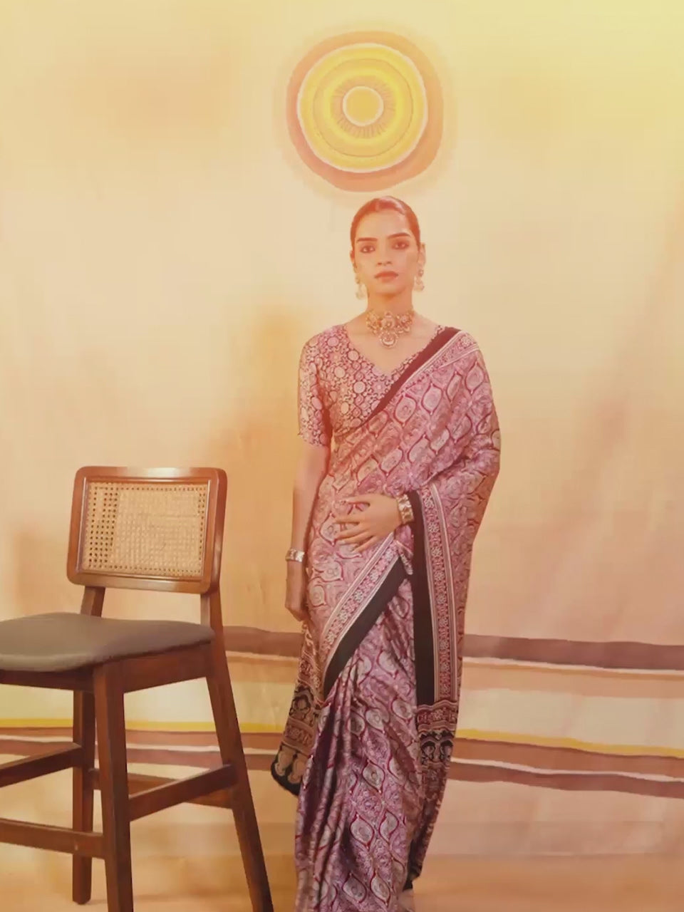 Vanamala Maroon Ajrak Satin Saree with Printed Border & Black Blouse Piece