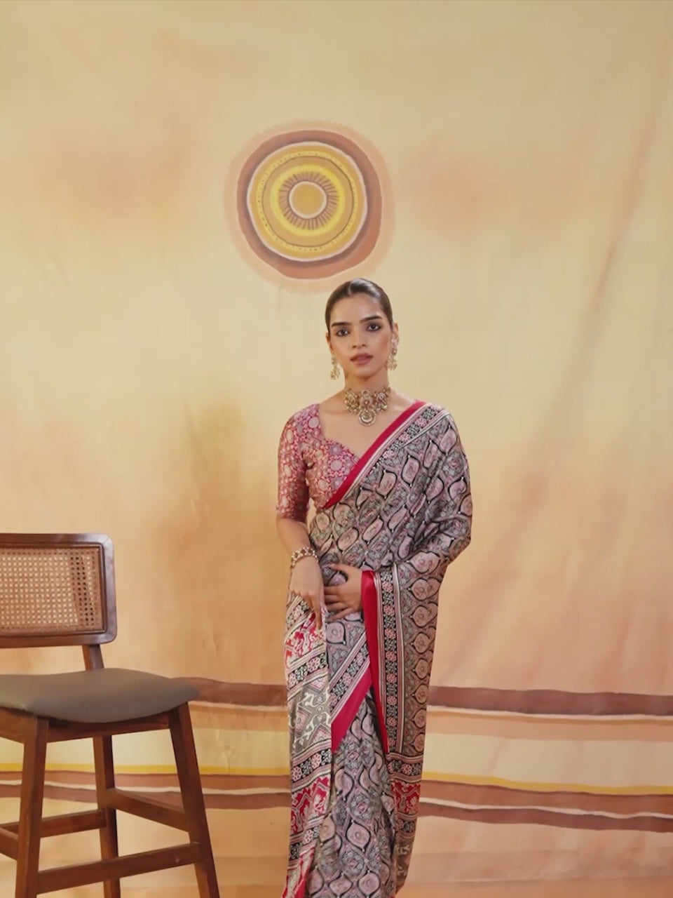 Sarayu Black Ajrak Satin Saree with Printed Border & Maroon Blouse Piece