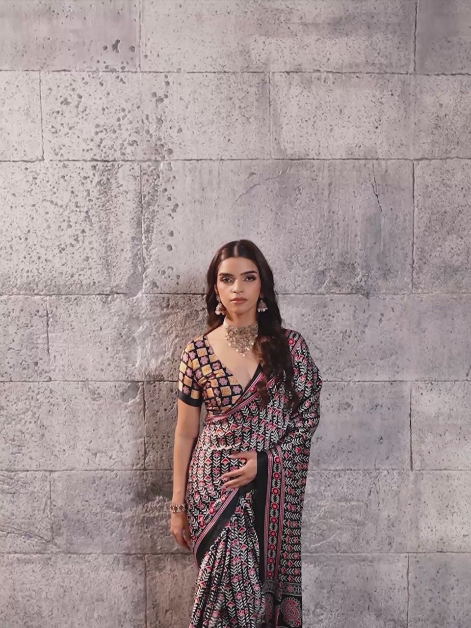 Induja Black Ajrak Satin Saree with Printed Border & Black Blouse Piece