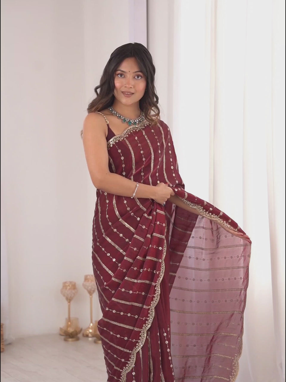 Maroon Satin Emblished Party Wear Saree