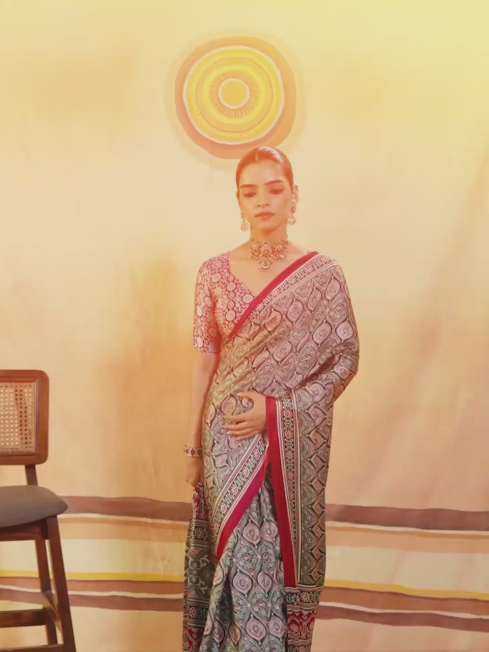 Mandira Green Ajrak Satin Saree with Printed Border & Maroon Blouse Piece