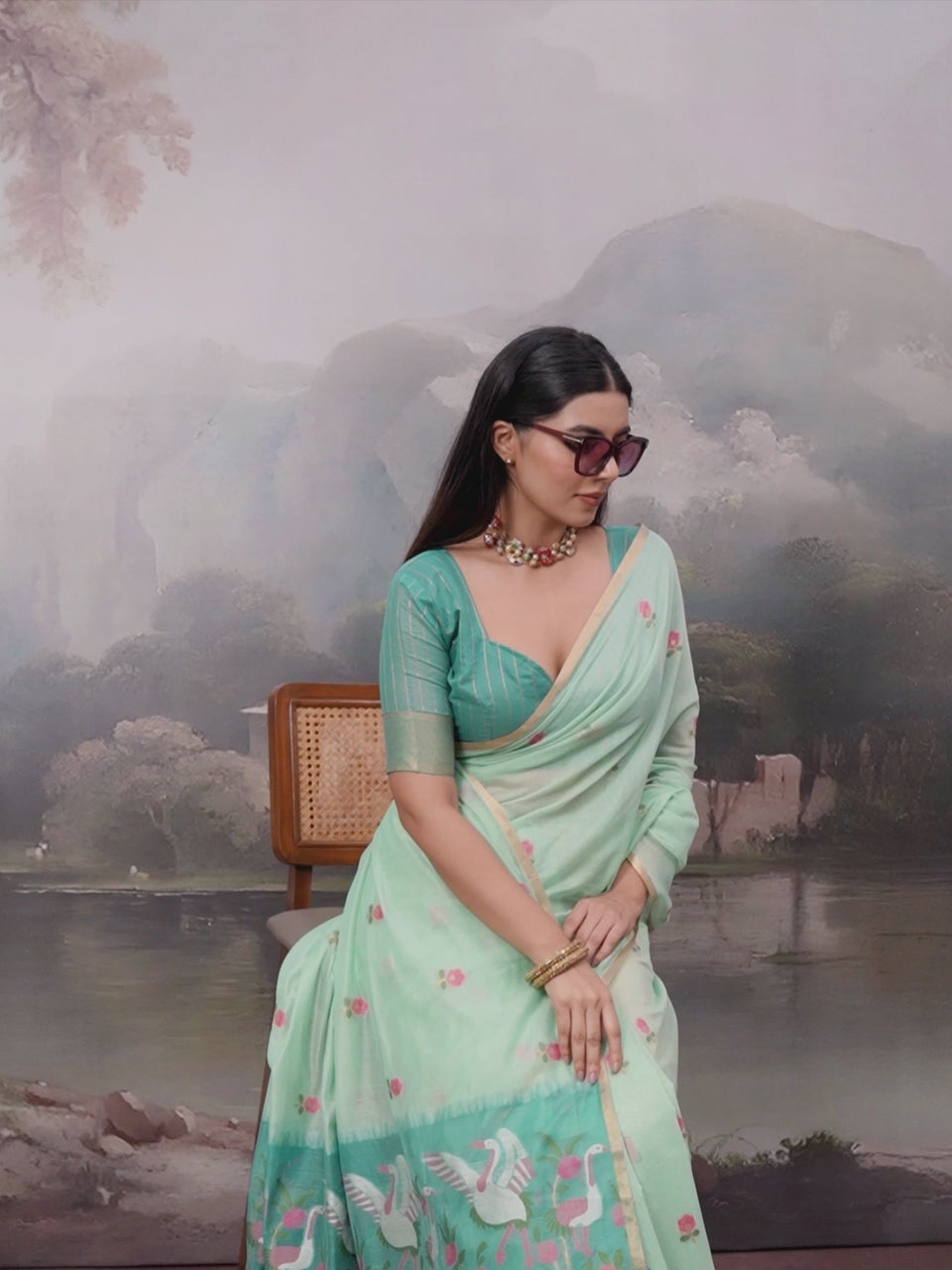 Sea Green Cotton Woven Printed Saree