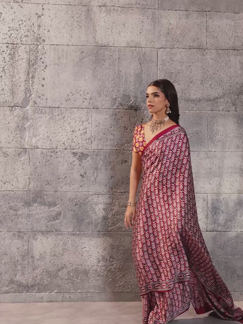 Manasvi Maroon Ajrak Satin Saree with Printed Border & Rust Blouse Piece