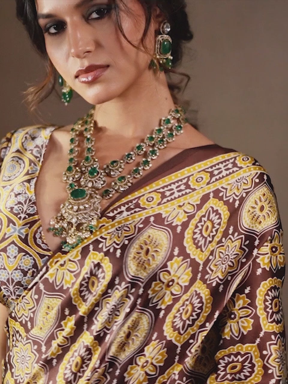 Brown & Mauve Ajrakh Print Satin Saree