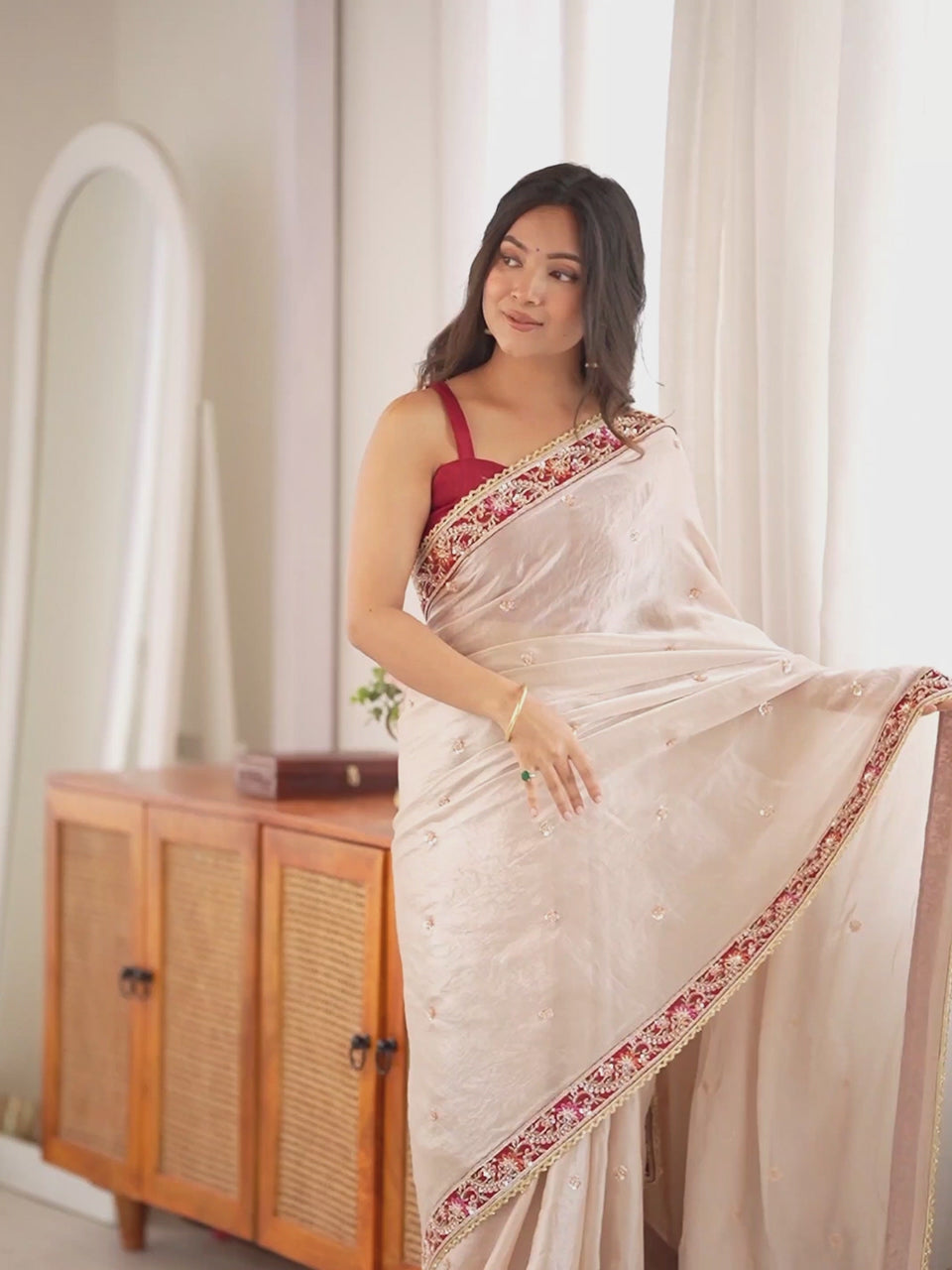 Sitara Beige Embellished Satin Saree with Embellished Border & Maroon Blouse Piece