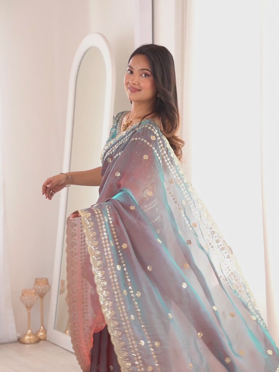 Dual-Tone Mauve Satin Emblished Party Wear Saree
