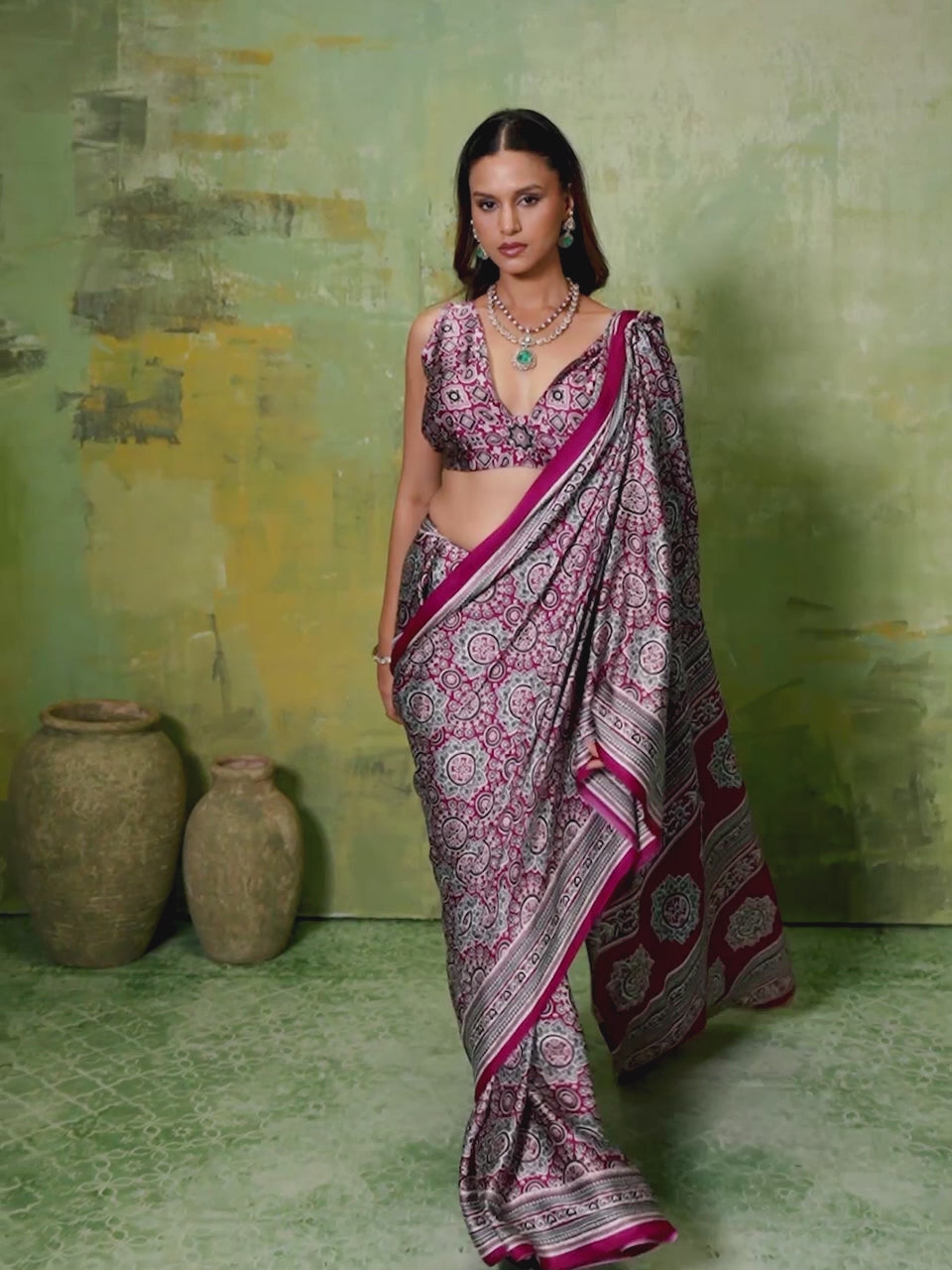 Magenta &Teal Ajrakh All-Over Dense Print Satin Saree
