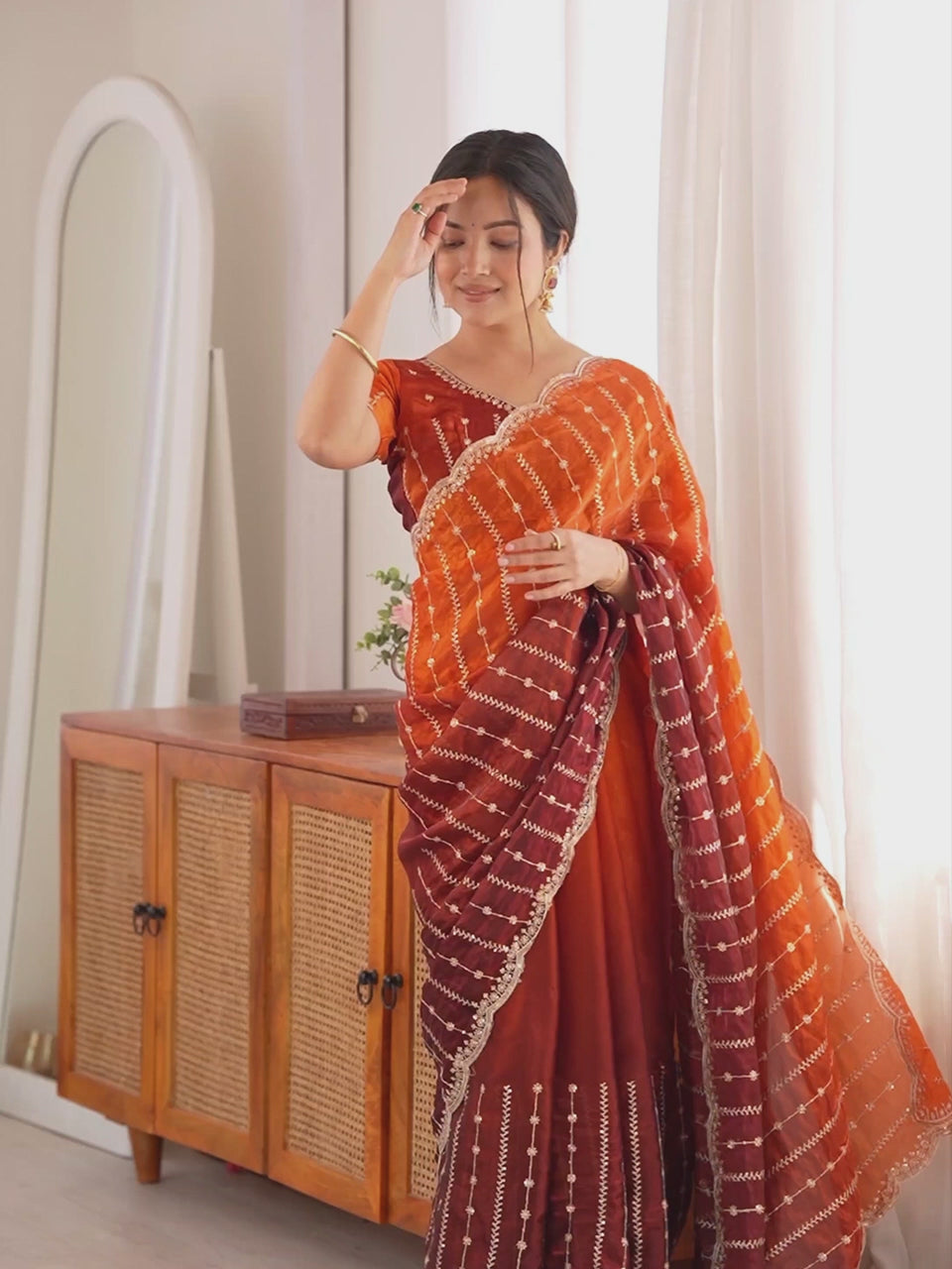 Maroon satin embellished saree