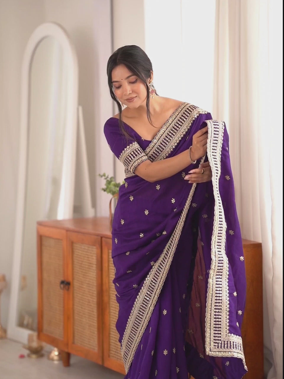Purple Embroidered Art Silk Saree