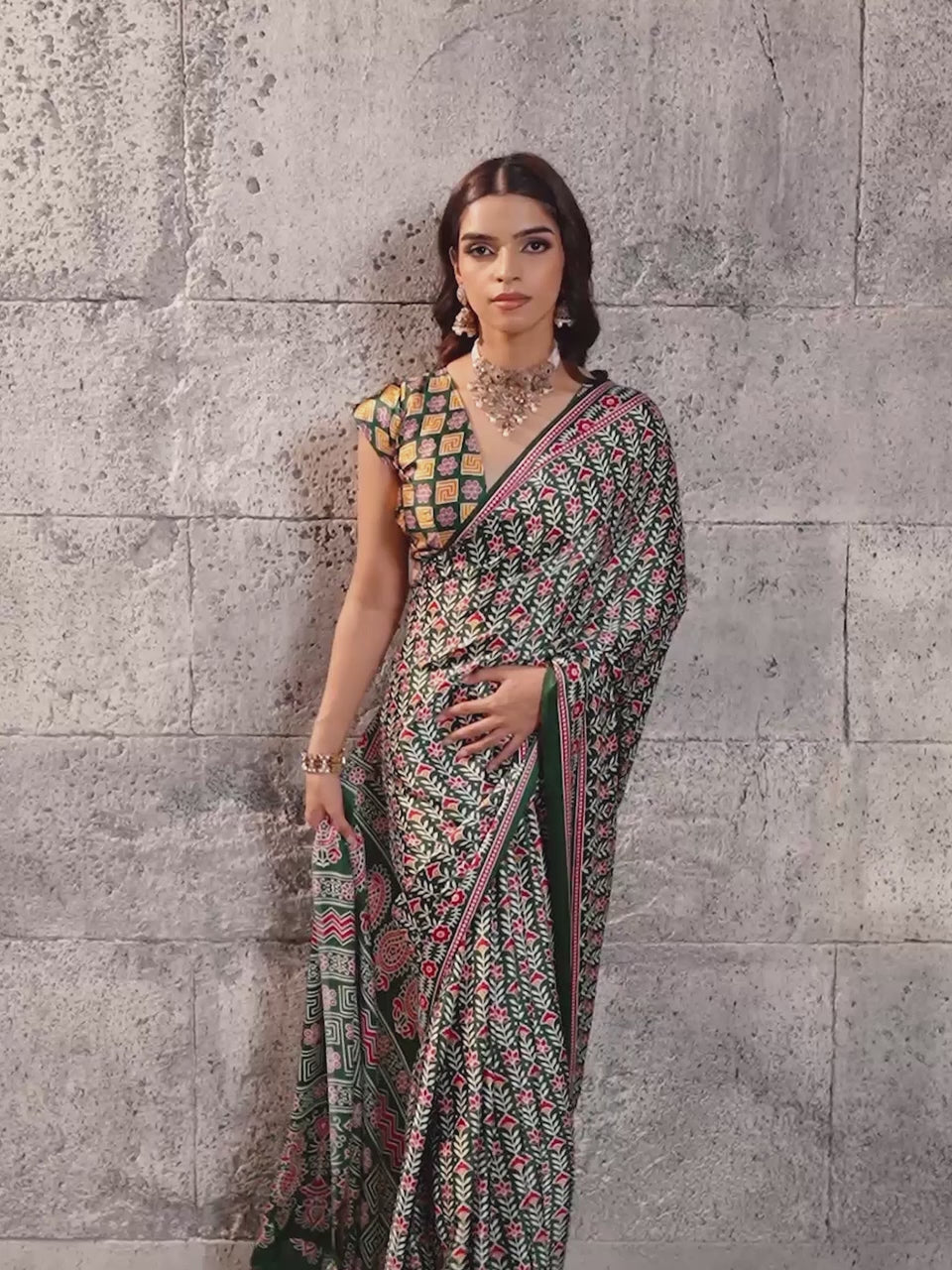 Rohitha Green Ajrak Satin Saree with Printed Border & Rust Blouse Piece