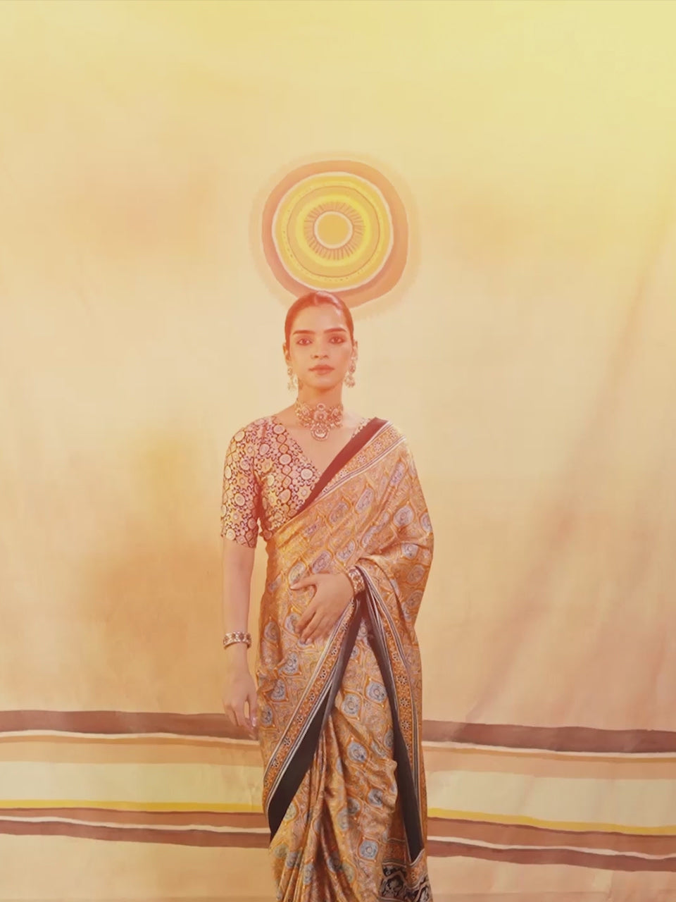 Anjali Mustard Ajrak Satin Saree with Printed Border & Mustard Blouse Piece