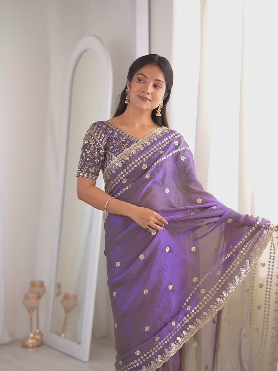 Light Purple Satin Emblished Party Wear Saree