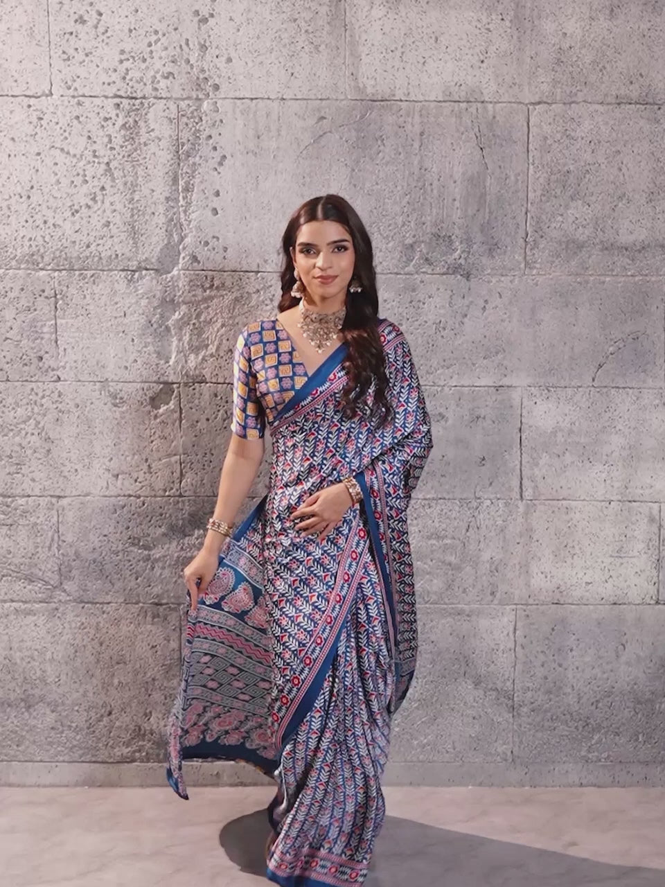 Anjali Blue Ajrak Satin Saree with Printed Border & Blue Blouse Piece