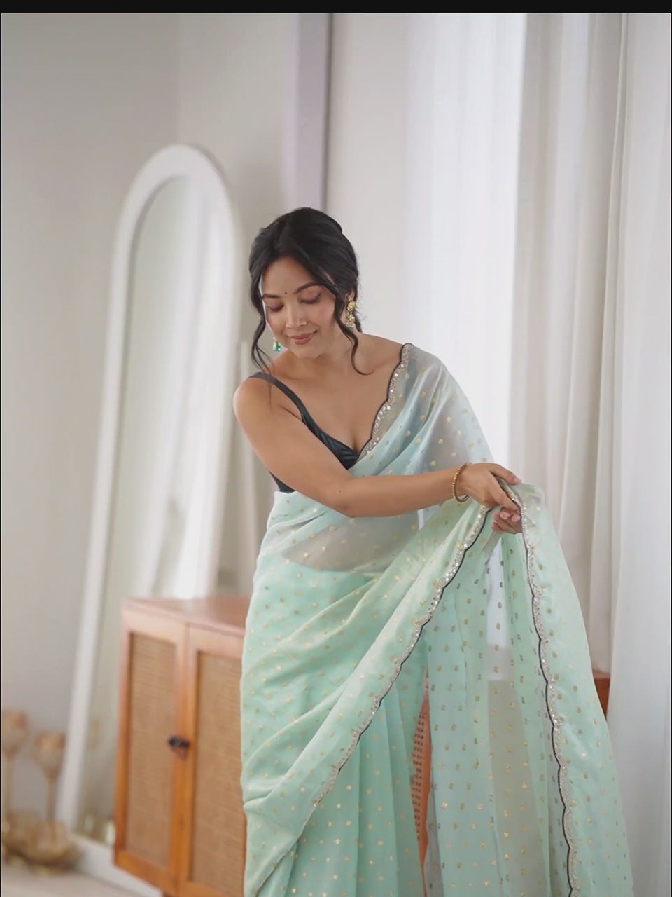 Mint Green Satin Emblished With Sequin Border Party Wear Saree
