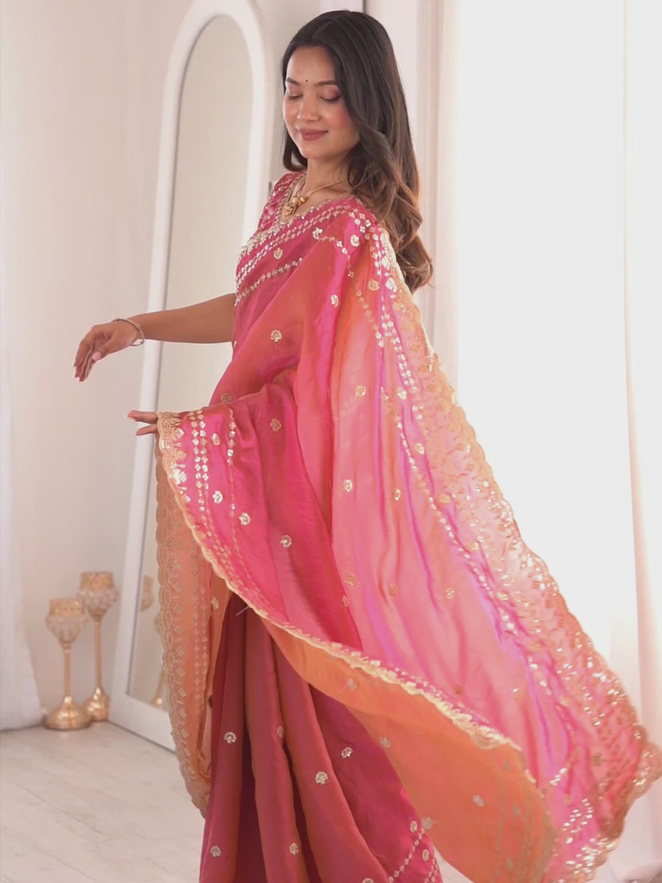 Magenta Gotapatti Work Satin Embellished Party Wear Saree