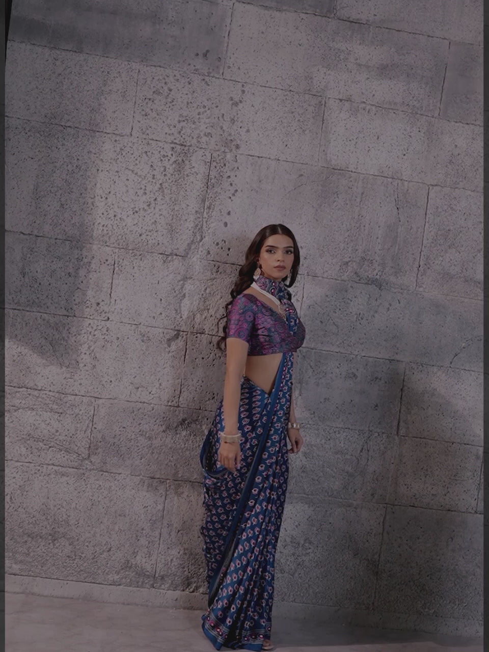Sharvani Blue Ajrak Satin Saree with Printed Border & Blue Blouse Piece