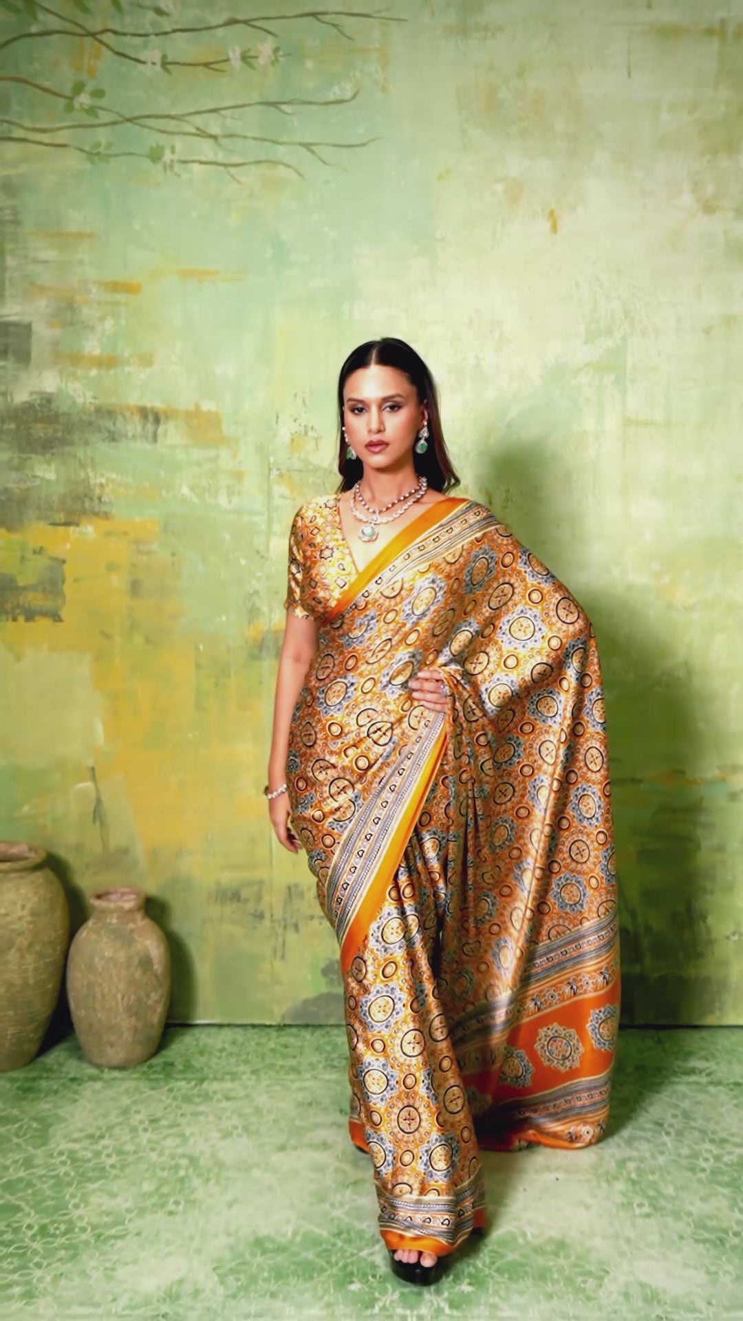 Mustard Yellow Ajrakh All-Over Dense Print Satin Saree