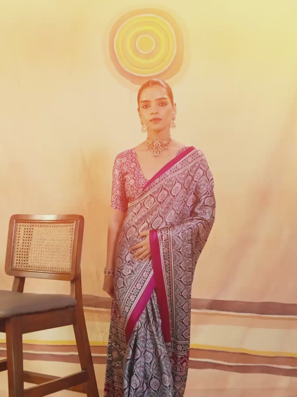 Rangoli Blue Ajrak Satin Saree with Printed Border & Wine Blouse Piece