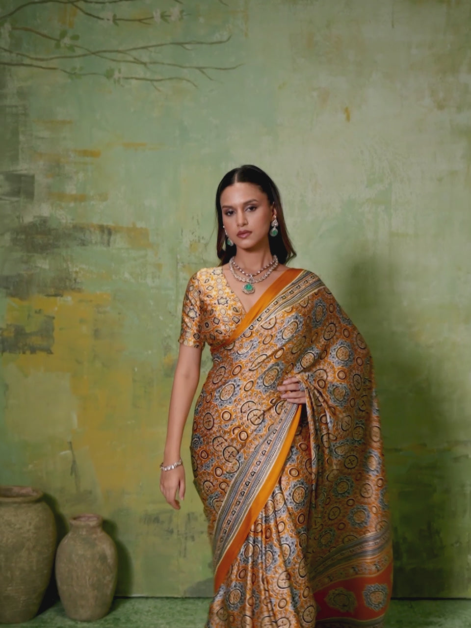 Mustard Yellow Ajrakh All-Over Dense Print Satin Saree