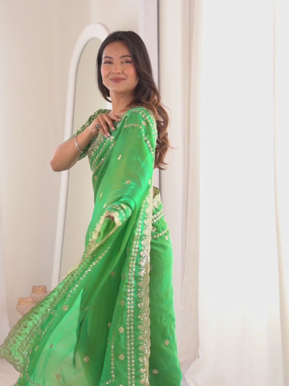Mint Green Satin Emblished Party Wear Saree