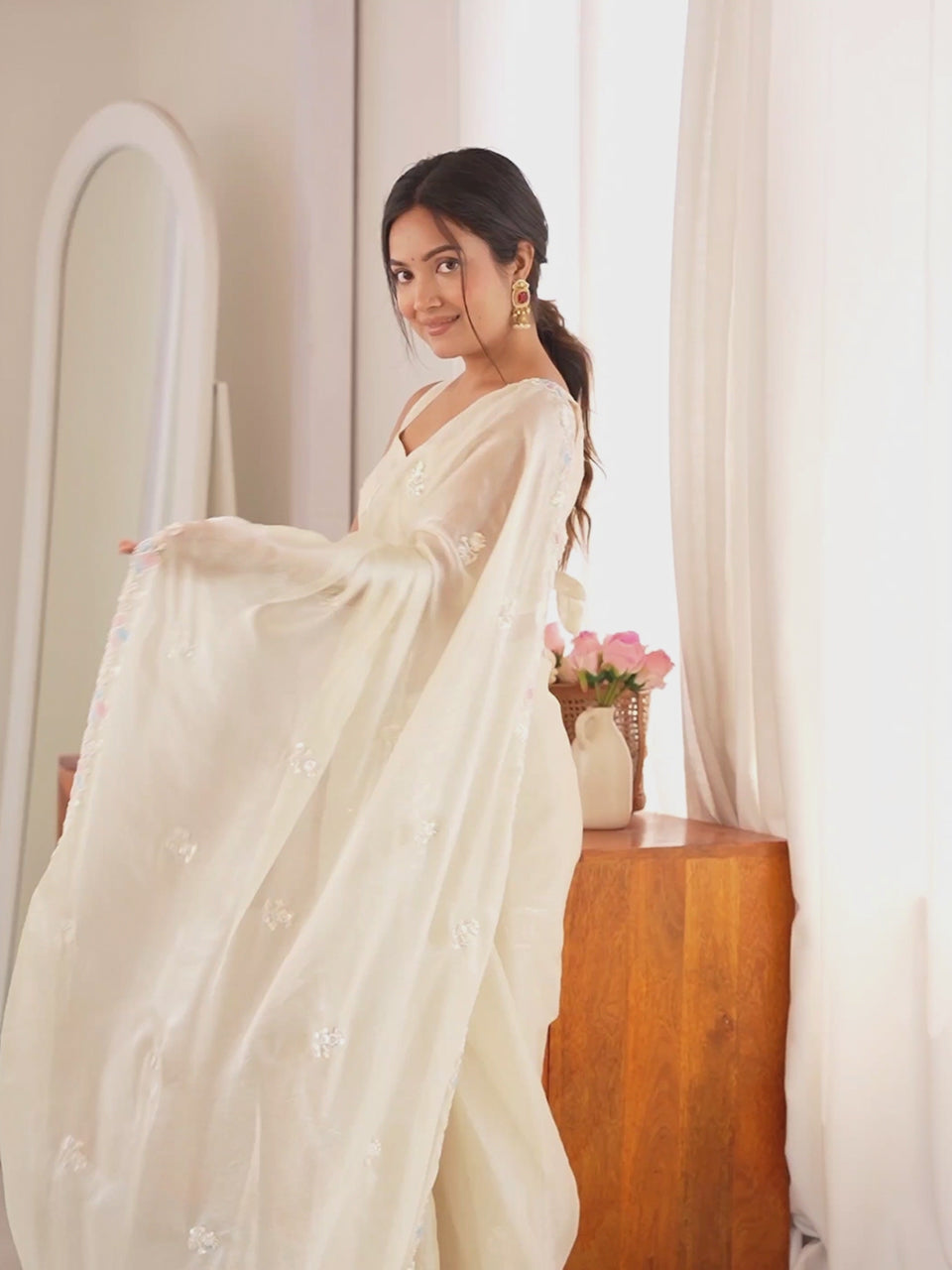 Netra Off White Embellished Satin Saree with Scallop Border & Off White Blouse Piece