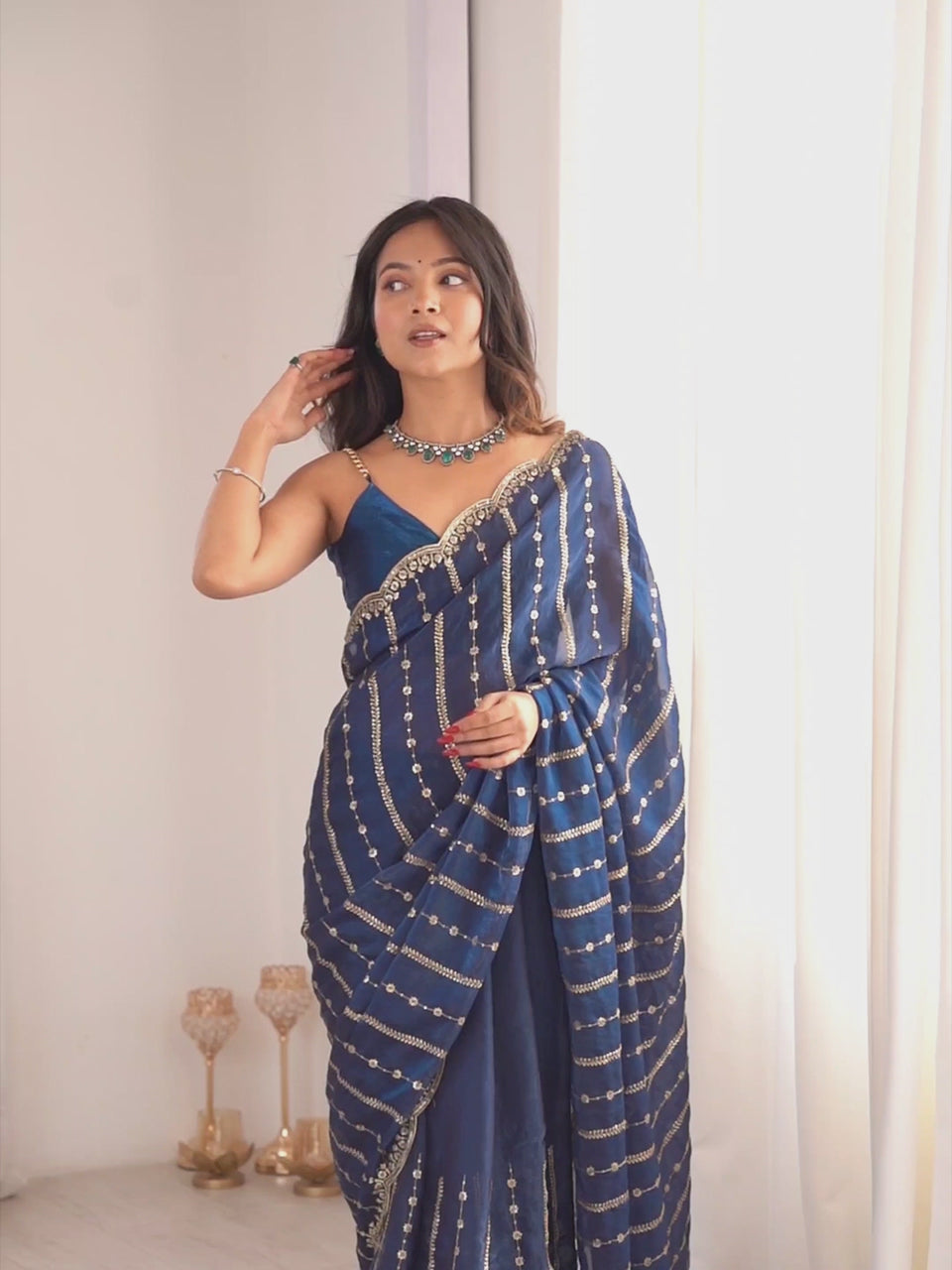 Teal Blue Satin Embellished Golden Zari Party Wear Saree