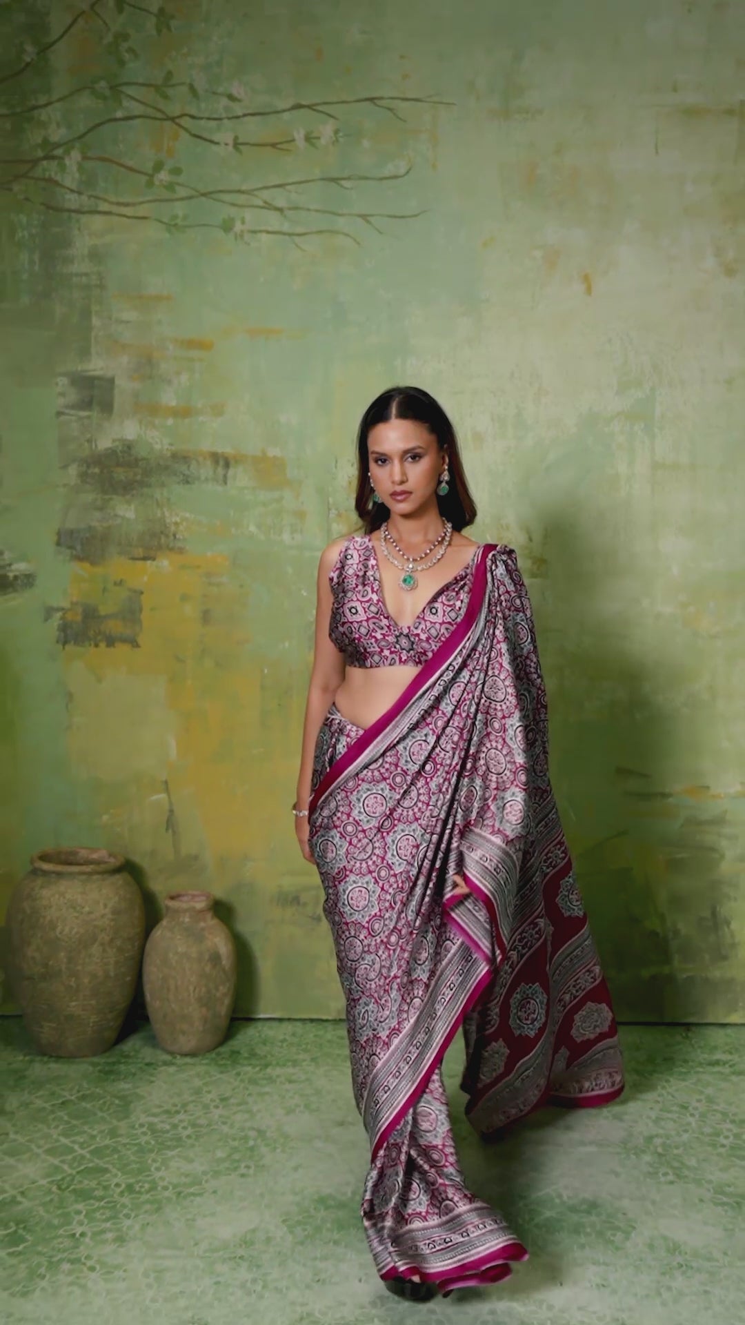 Magenta &Teal Ajrakh All-Over Dense Print Satin Saree