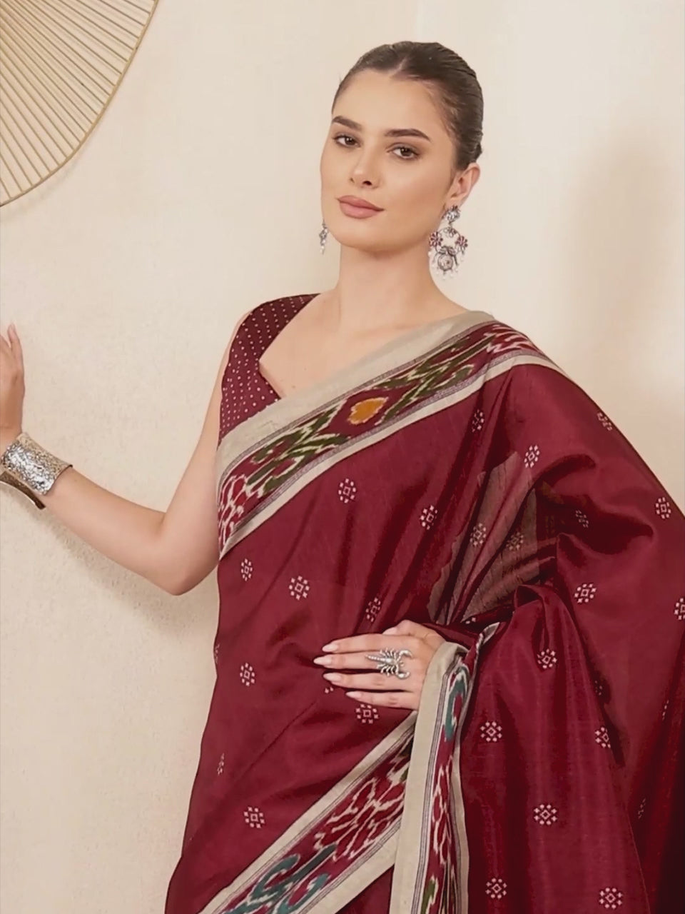 Jyotsna Maroon Ikat Bhagalpuri Silk Saree with Printed Border & Maroon Blouse Piece