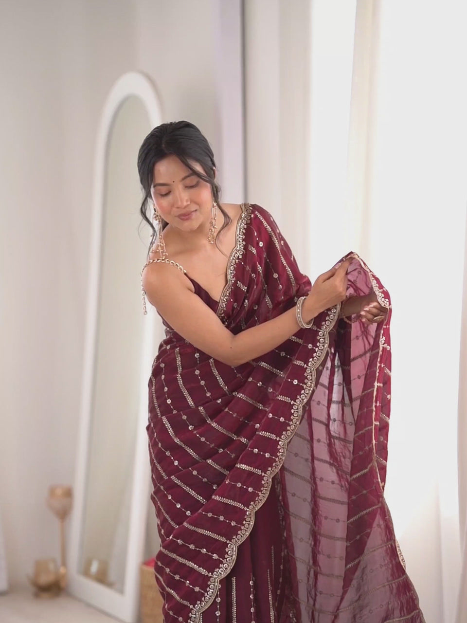 Maroon Premium Satin Emblished Party Wear Saree