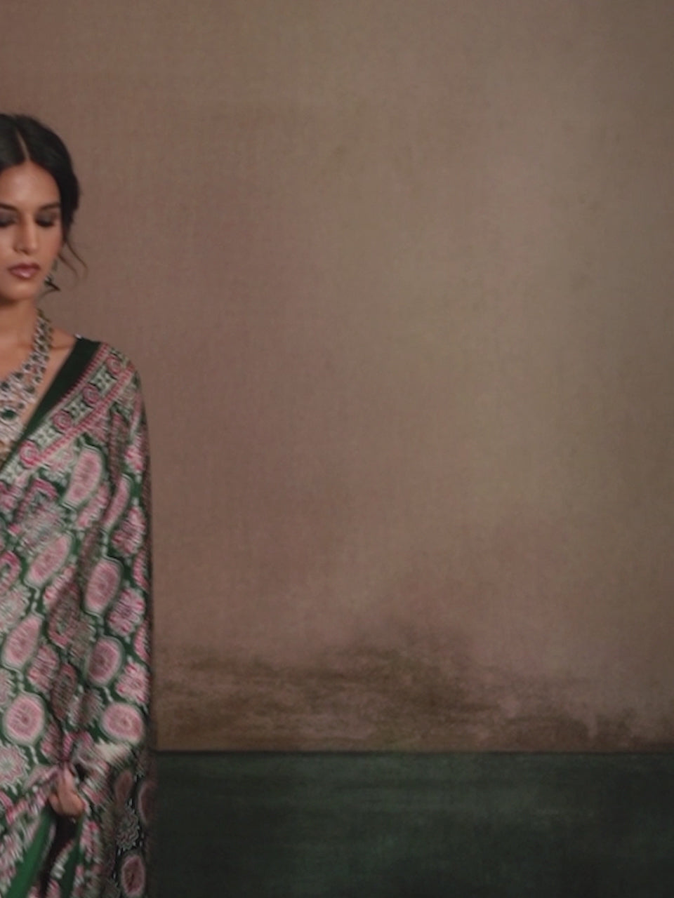 Emerald Green Ajrakh All-Over Print Satin Saree