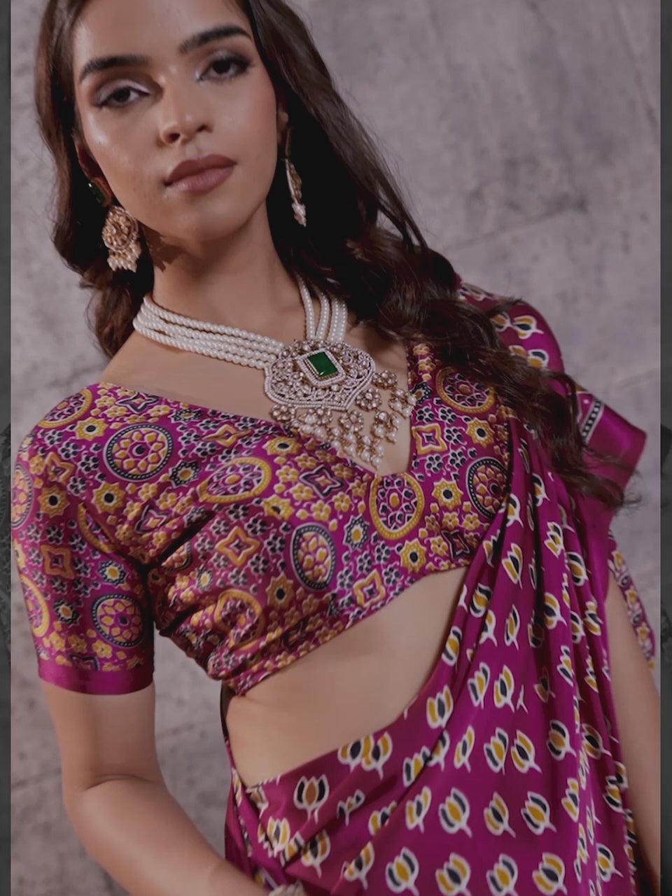 Shyamala Magenta Ajrak Satin Saree with Printed Border & Magenta Blouse Piece