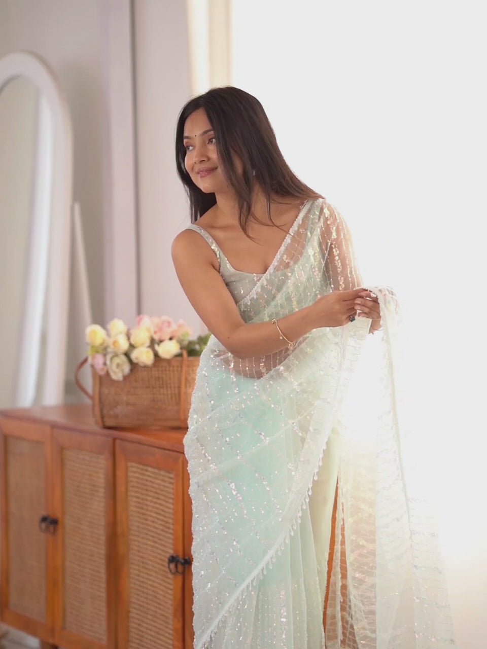 Rajeshwari Light Blue Embellished Net Saree with Embellished Border & Light Blue Blouse Piece
