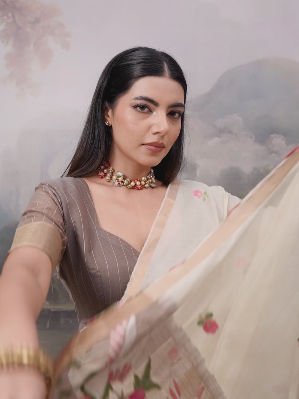 Off White Cotton Woven Printed Saree