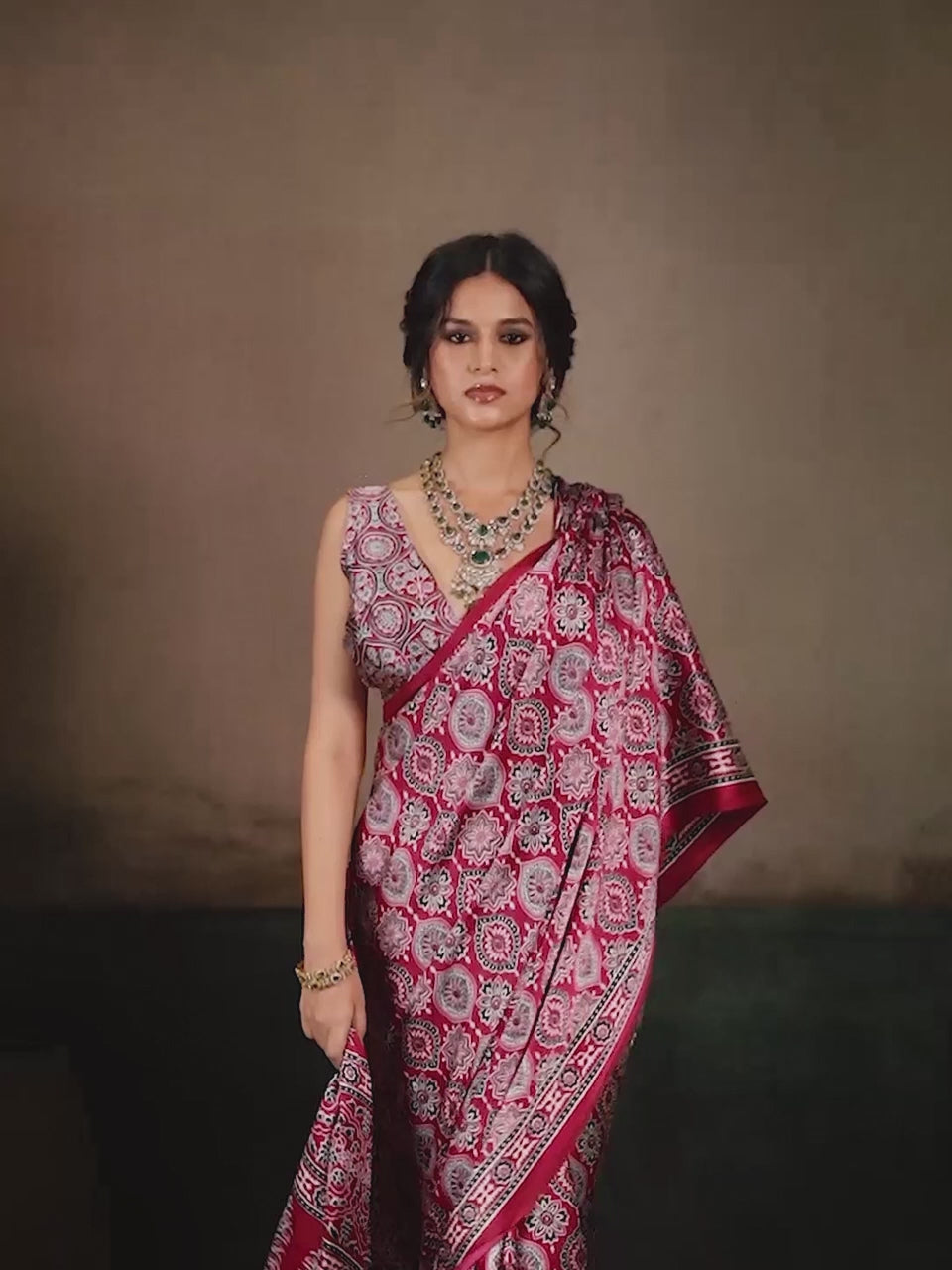 Deep Magenta Ajrakh All-Over Print Satin Saree