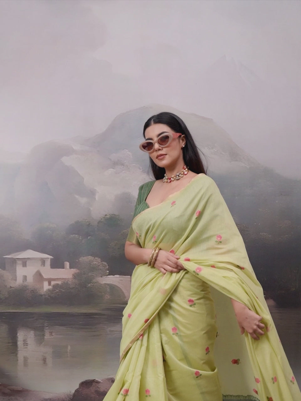 Light Green Cotton Woven Printed Saree