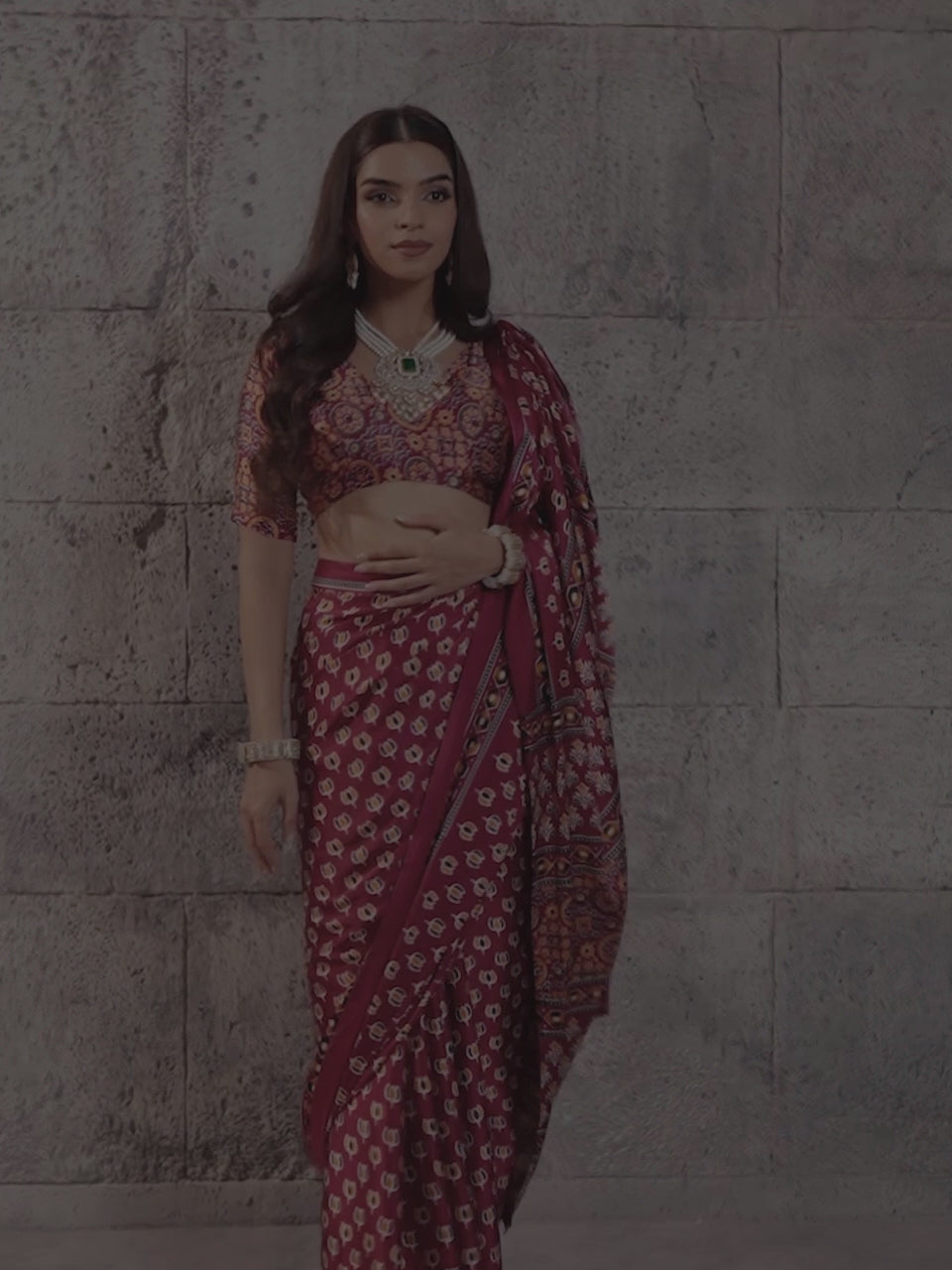 Vandana Maroon Ajrak Satin Saree with Printed Border & Maroon Blouse Piece