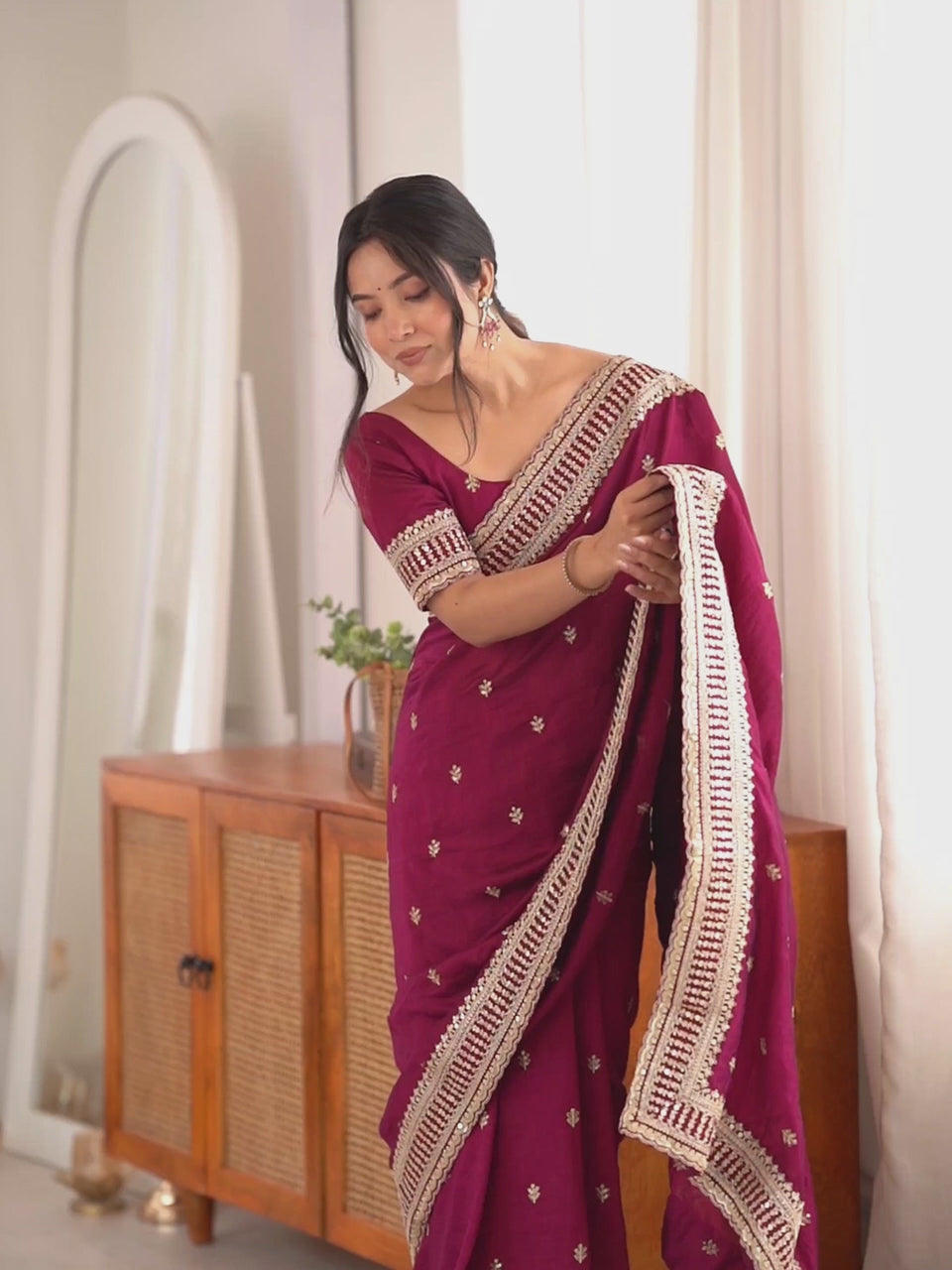 Wine Purple Embroidered Designer Tissue Silk Blend Zari Border