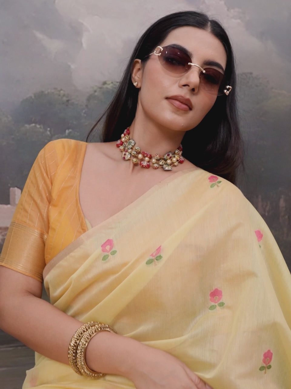 Yellow Cotton Woven Printed Saree