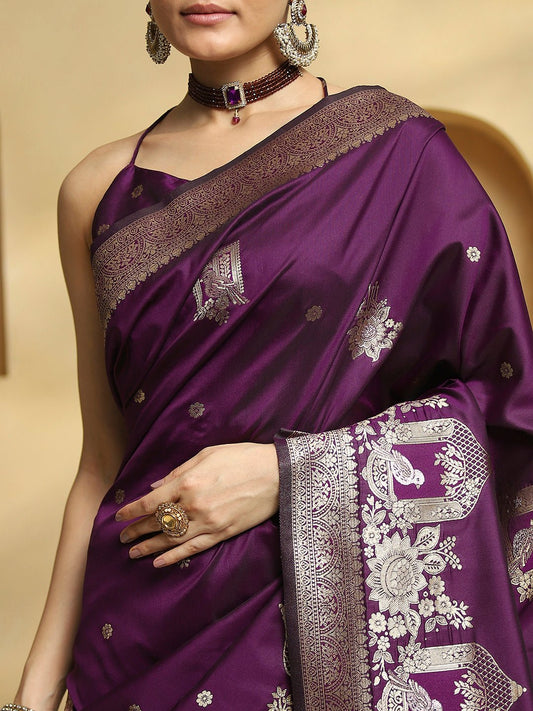 Pure Silk Banarasi Saree in Deep Purple - Ressa