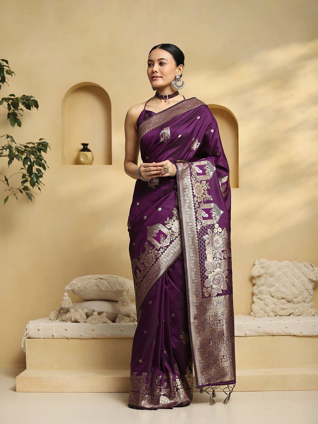 Pure Silk Banarasi Saree in Deep Purple - Ressa