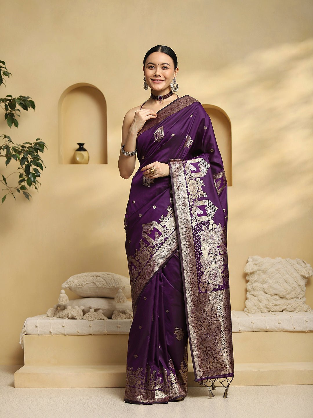 Pure Silk Banarasi Saree in Deep Purple - Ressa