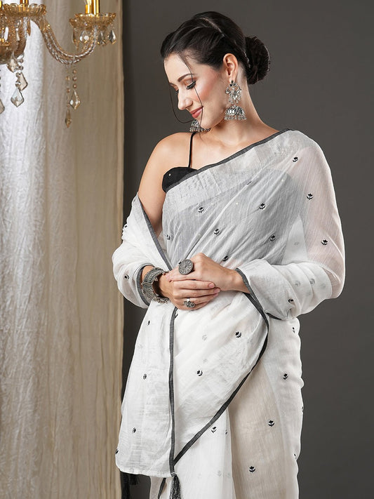 Pure White Cotton Silk Saree - Ressa