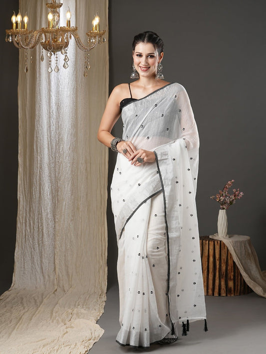 Pure White Cotton Silk Saree - Ressa